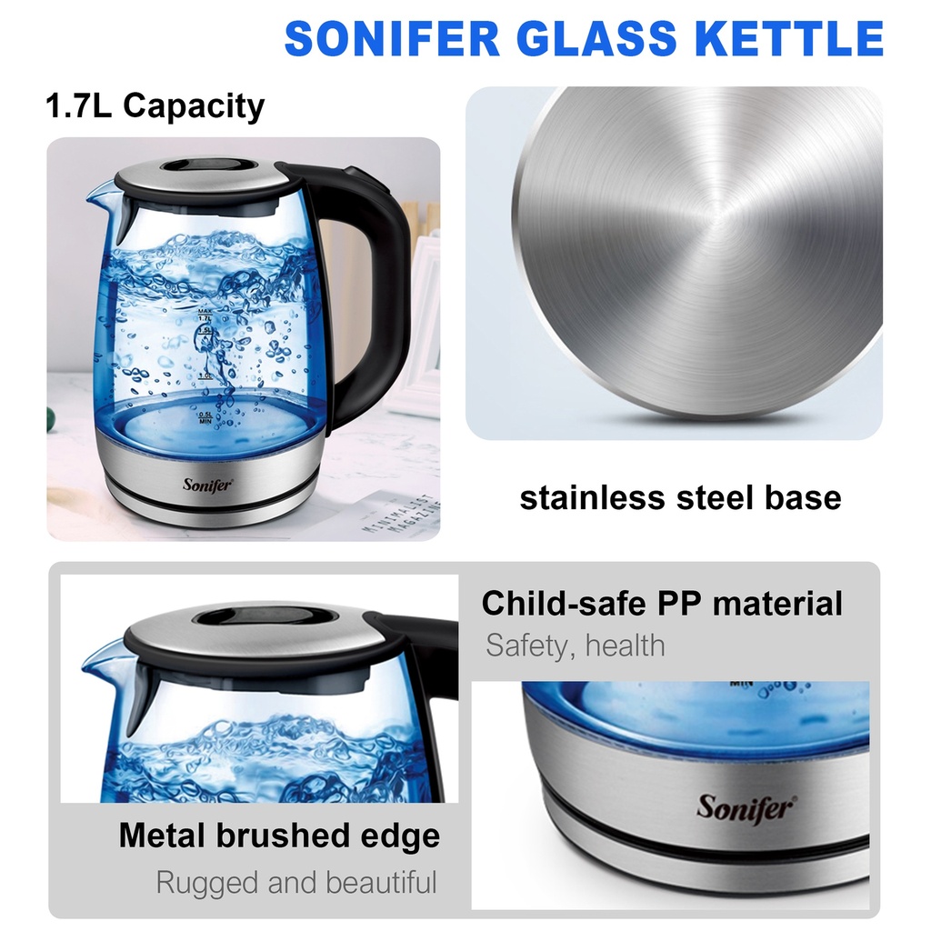 كاتيل مياه كهربائي سونيفر 1.7 لتر بأضاءة ليد عند الغليان 2000 واط