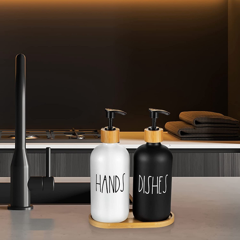 طقم ديسبنسر صابون 2 قطعة مع حامل خشبي من السيراميك للحمام والمطبخ