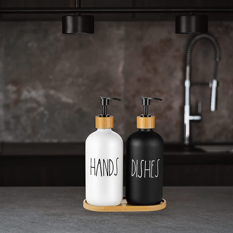طقم ديسبنسر صابون 2 قطعة مع حامل خشبي من السيراميك للحمام والمطبخ