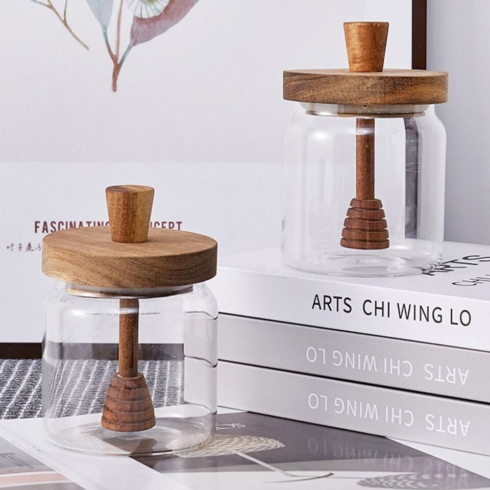 برطمان زجاج 300 ملي  للعسل بغطاء خشبي محكم الغلق