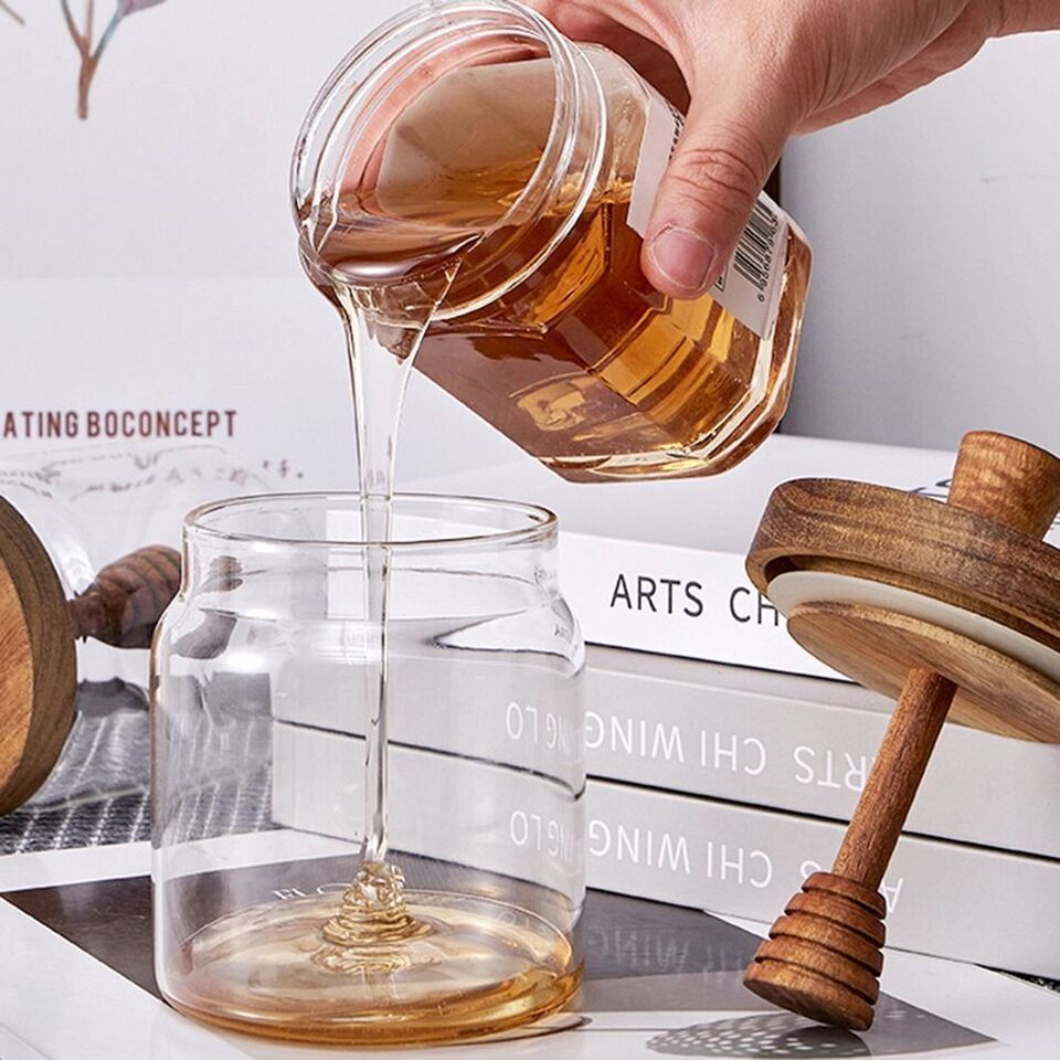 برطمان زجاج 300 ملي  للعسل بغطاء خشبي محكم الغلق