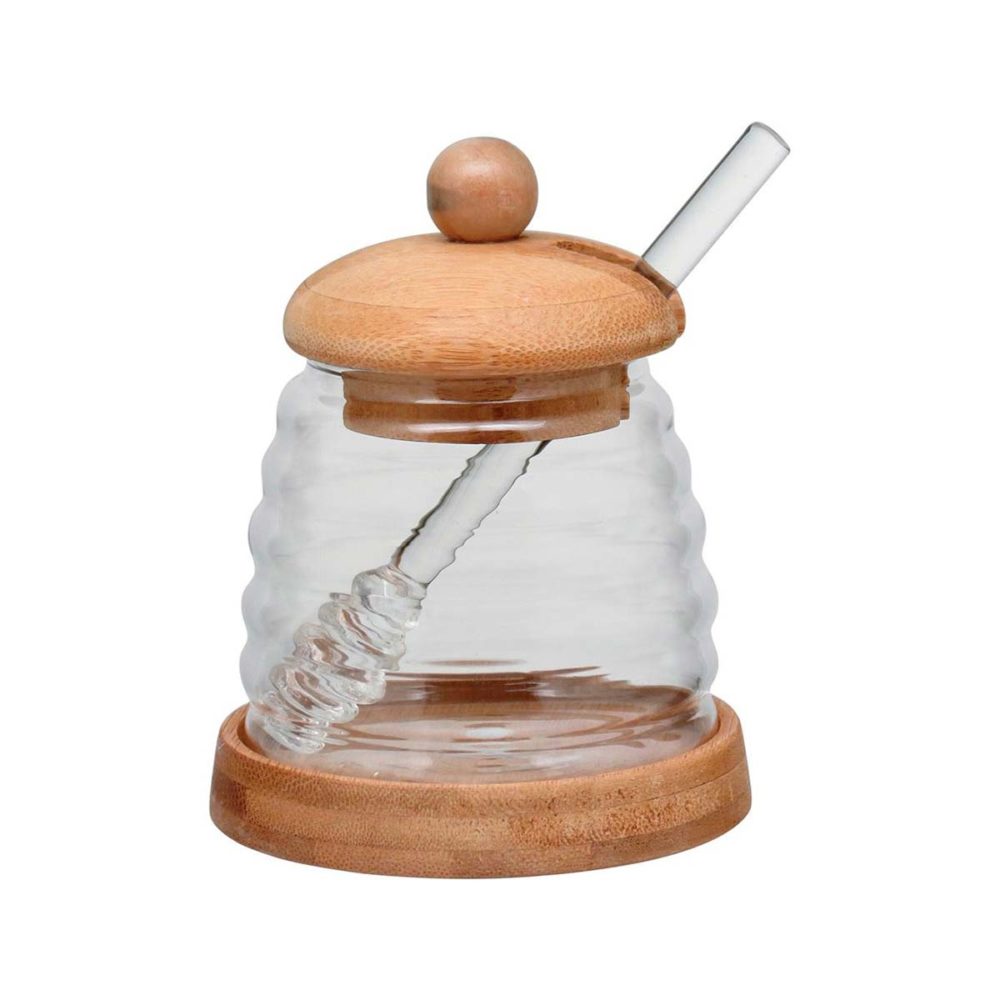 برطمان زجاج للعسل مع غطاء و معلقة خشب شكل خلية نحل 250 مللي