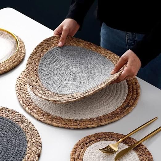 كوستر خوص وقطن دائري للحل والاطباق للسفرة والمطبخ 35 سم