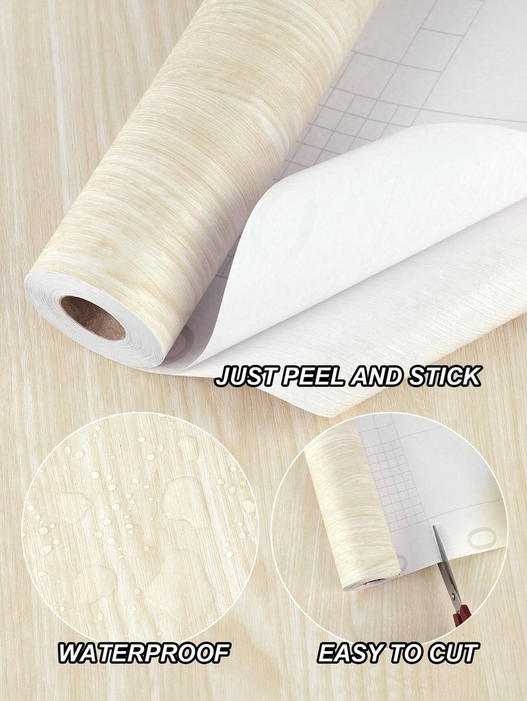 رول استيكر لاصق شكل خشبي لتجديد ديكور المطبخ باللون البيج الفاتح