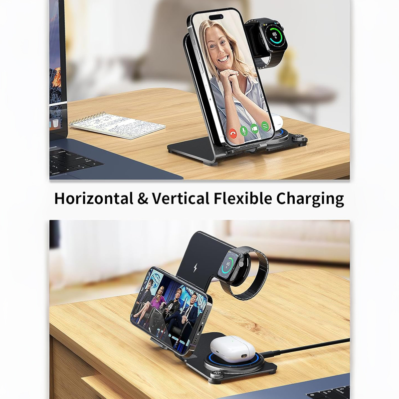 شاحن لاسلكي سريع 3 *1 لشحن الموبايل والايربودز والساعة الرقمية بقوة 15 واط