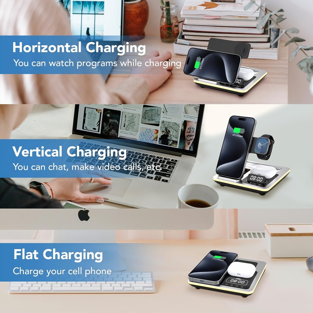 شاحن لاسلكي 5*1مزود بساعة ومنبه بقوة 25 واط