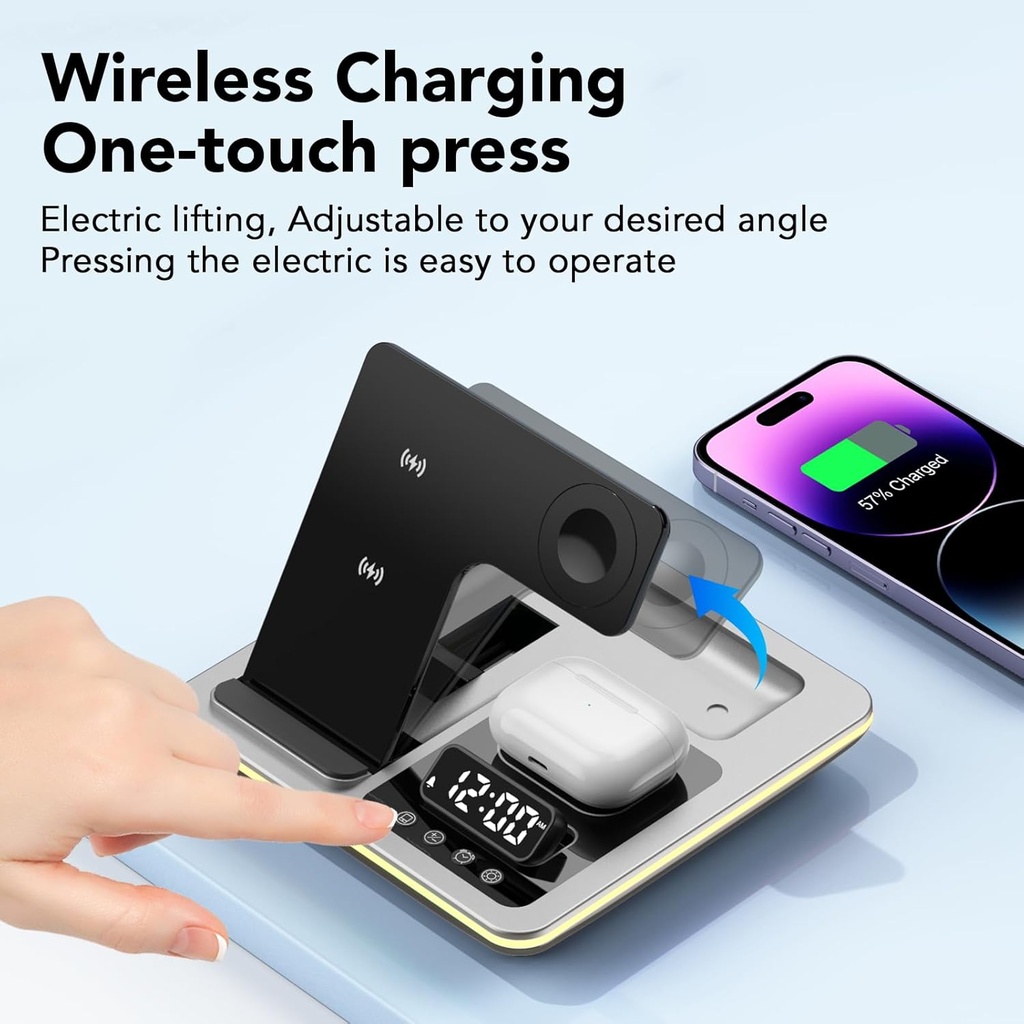 شاحن لاسلكي 5*1مزود بساعة ومنبه بقوة 25 واط