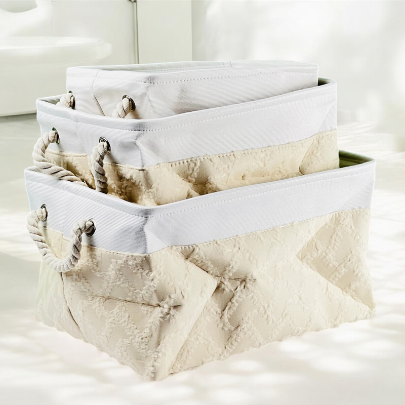 طقم باسكت كتان 3 قطع بمقاسات مختلفة لتنظيم الملابس والفوط بيد