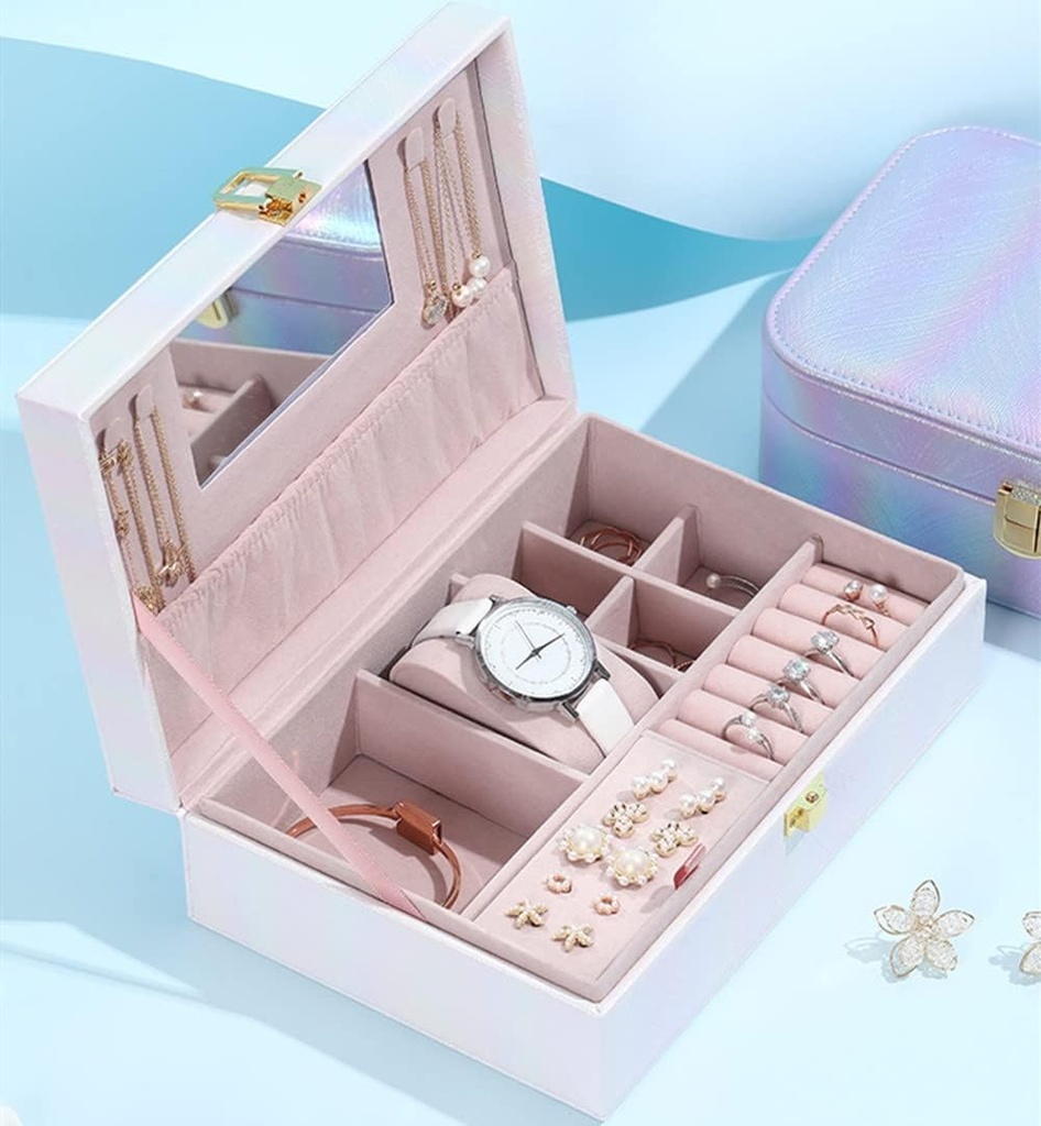 صندوق جلد بمرآة لتنظيم الإكسسوارات والمجوهرات بغطاء محكم الغلق