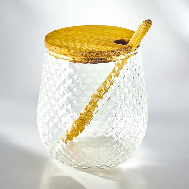 طقم برطمانات زجاج 3 قطع للتوابل مع قاعدة خشب 350 مللي