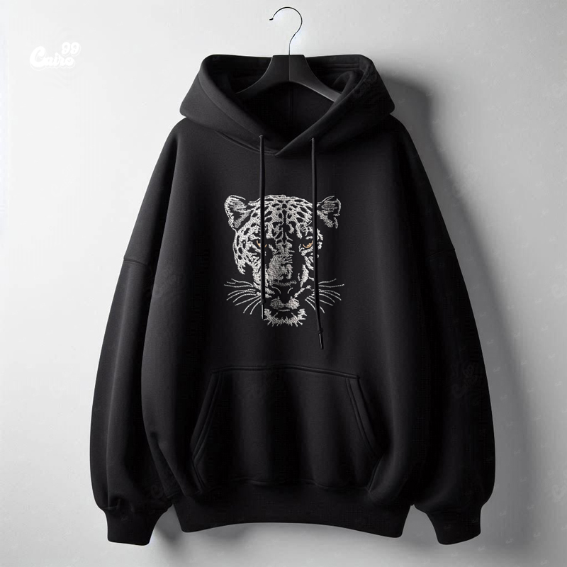 Tiger هودي اوفر سايز قطن للرجال باللون الاسود