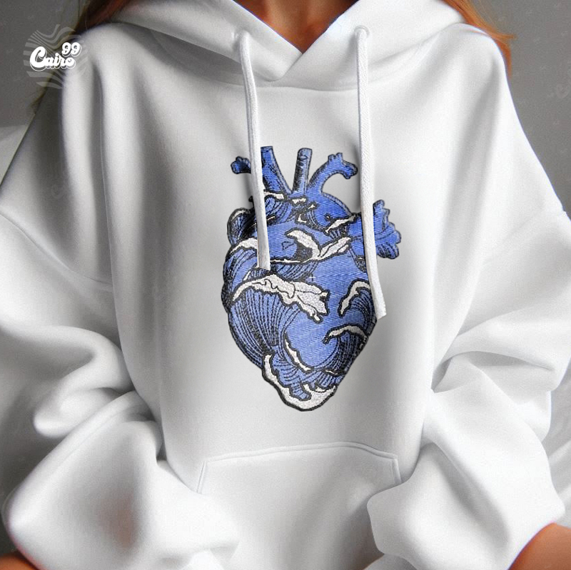 Ocean Heart هودي اوفر سايز قطن للنساء باللون الابيض