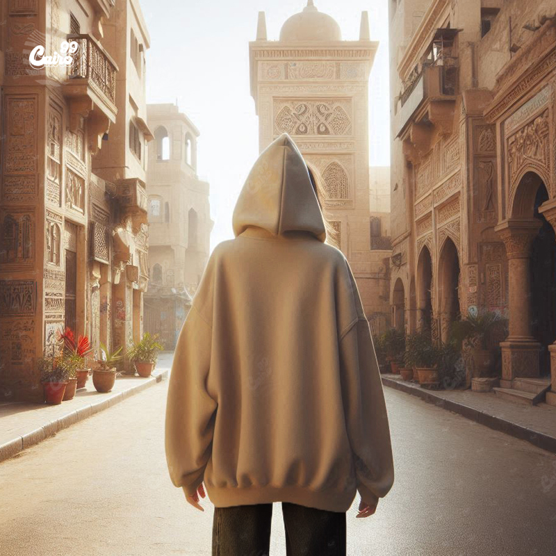 Cairo99 Embroidery هودي اوفر سايز قطن للنساء باللون البيج.