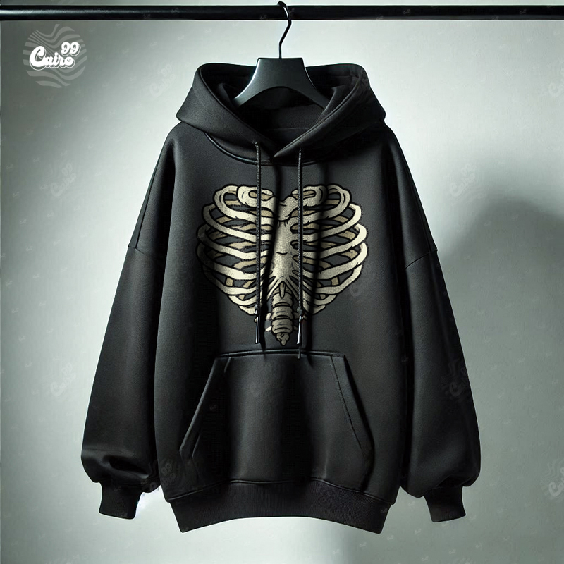 Skelton Heart هودي اوفر سايز قطن للنساء باللون الأسود