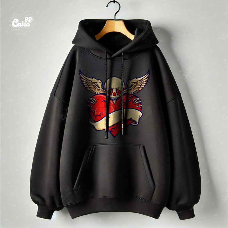 Love Wings هودي اوفر سايز قطن للرجال باللون الأسود