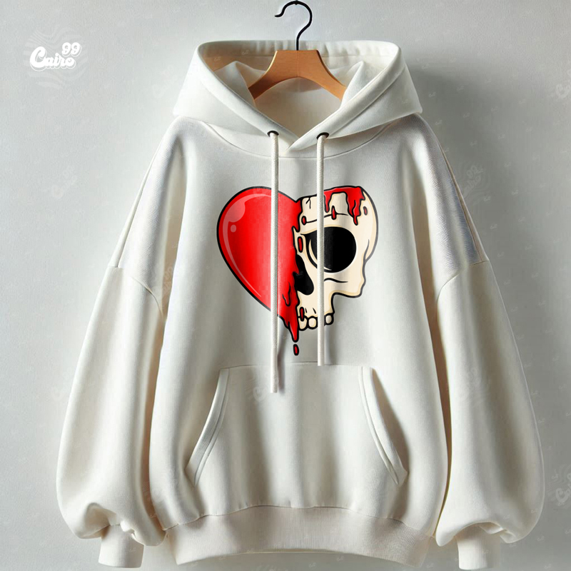 Heart Melting Skull هودي اوفر سايز قطن للرجال باللون الأبيض