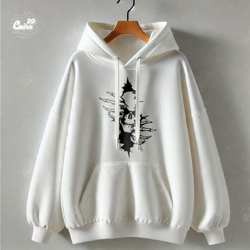 Skull Rip Vibe هودي اوفر سايز قطن للرجال باللون الأبيض