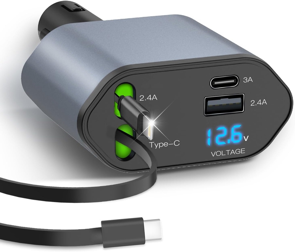 شاحن سيارة سريع للموبايلات 4*1 بكابلات قابلة للسحب ومنفذ يو اس بي - 120 واط