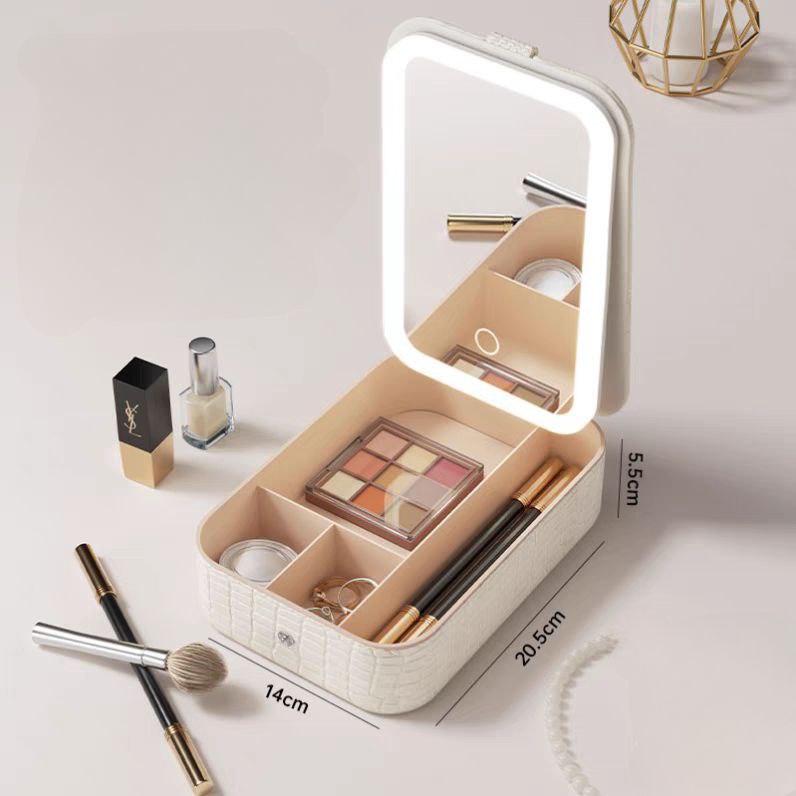 علبة منظم ميكاب واكسسوارات مع مراية ليد تاتش 4 خانات من الجلد