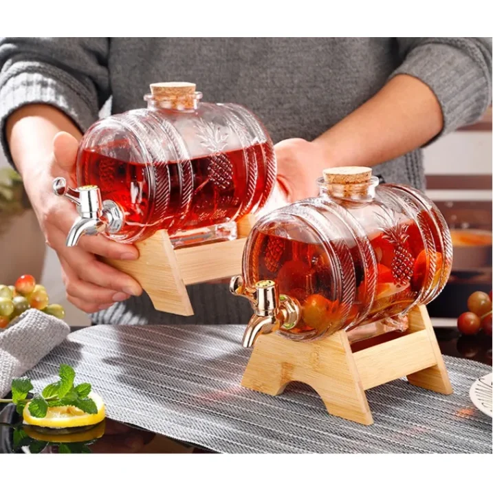 ديسبنسر عصائر زجاج بستاند خشب مع غطاء وحنفية - 3 لتر