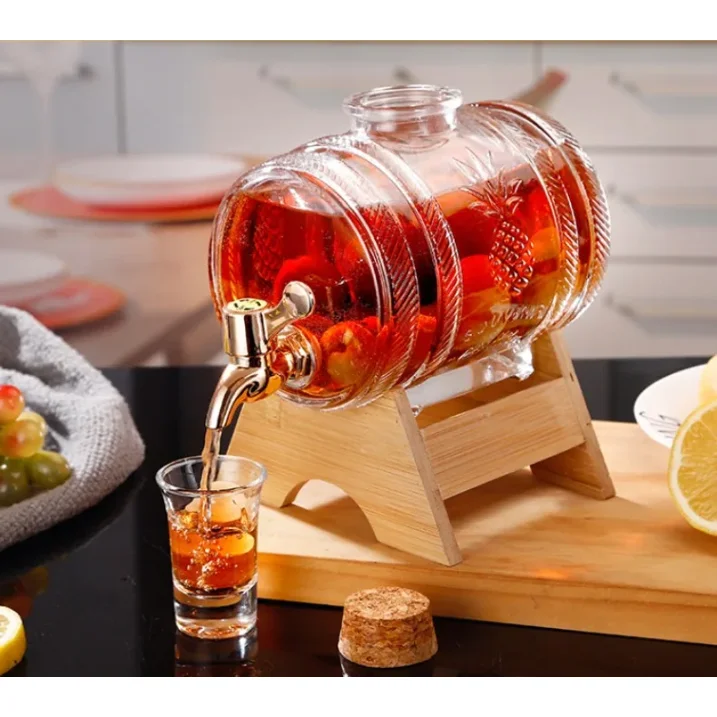 ديسبنسر عصائر زجاج بستاند خشب مع غطاء وحنفية - 3 لتر