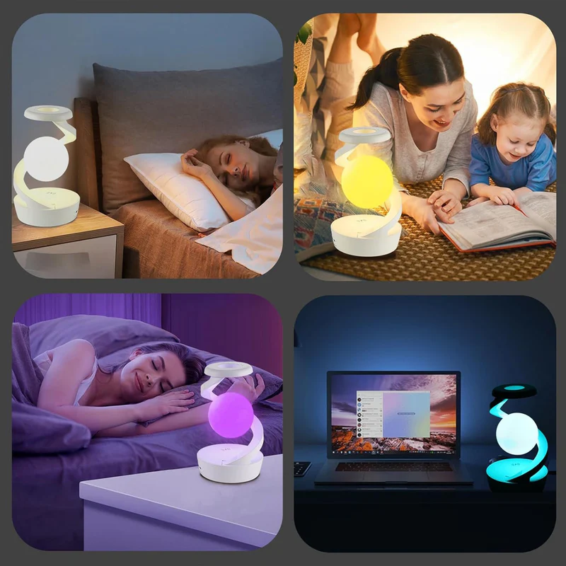 اباجورة مكتب سينسور شكل قمر دوار مع شحن لاسلكي للهاتف