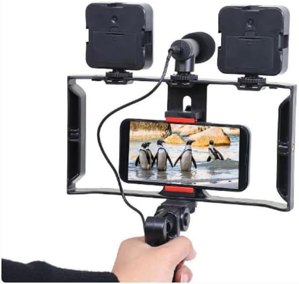 حامل موبايل ثلاثي القوائم بمقبضين مع مايك وإضاءة مزدوجة لتصوير فيديو احترافي