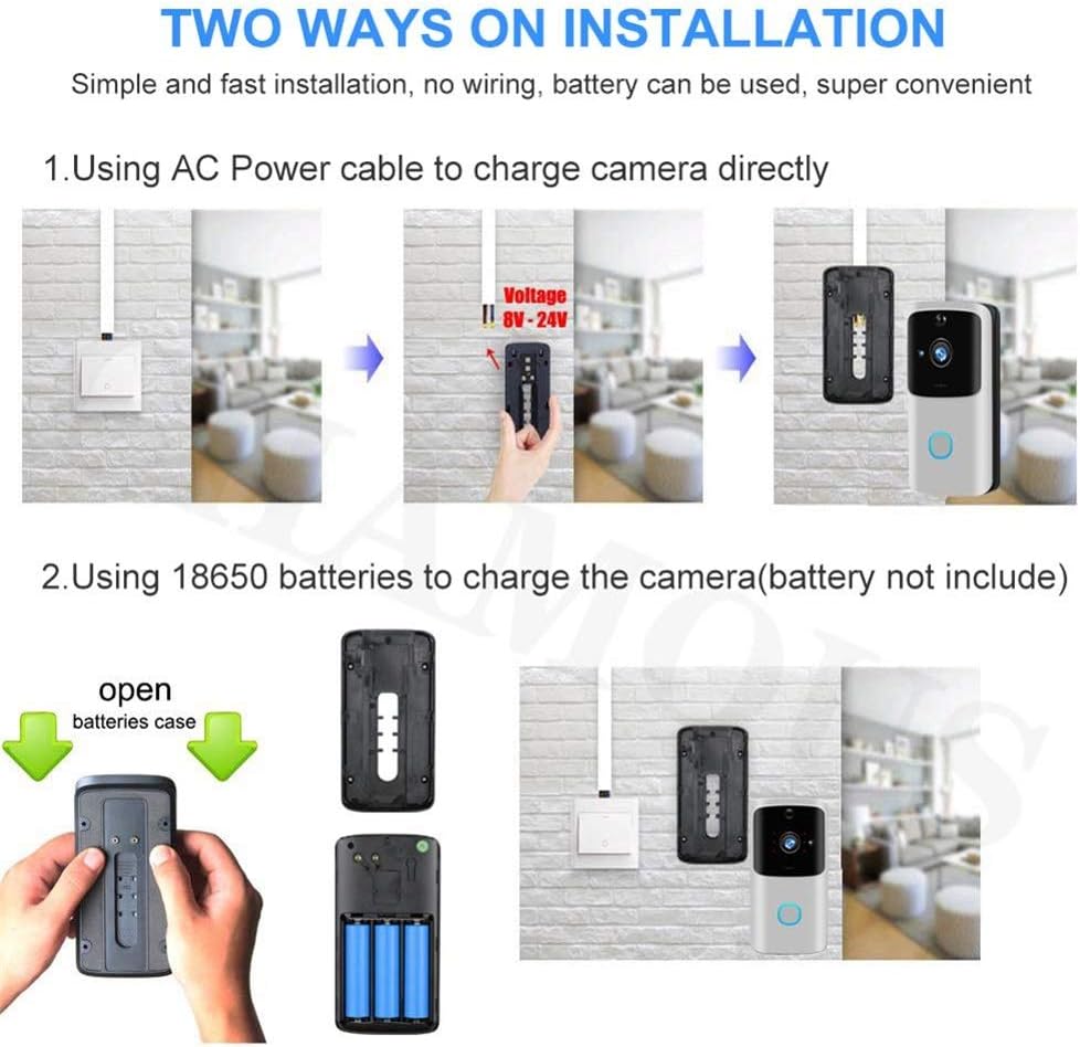 جرس باب لاسلكي بكاميرا يعمل بالواي فاي مع صوت ثنائي الاتجاه لامان المنزل