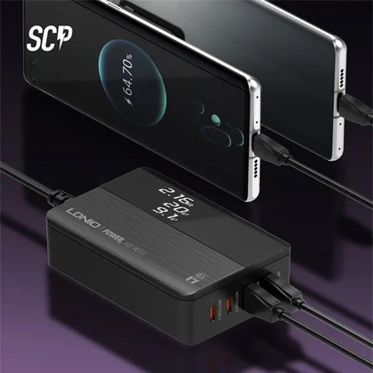 USB ومنفذين TYP-Cشاحن مكتبي بشاشة ليد بقوة  65 واط مع منفذين