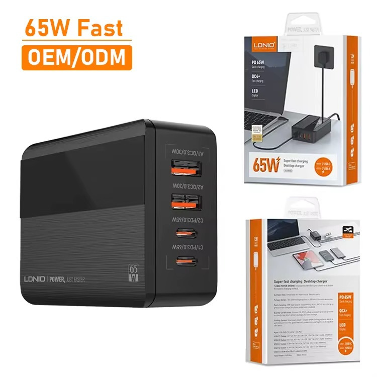 USB ومنفذين TYP-Cشاحن مكتبي بشاشة ليد بقوة  65 واط مع منفذين