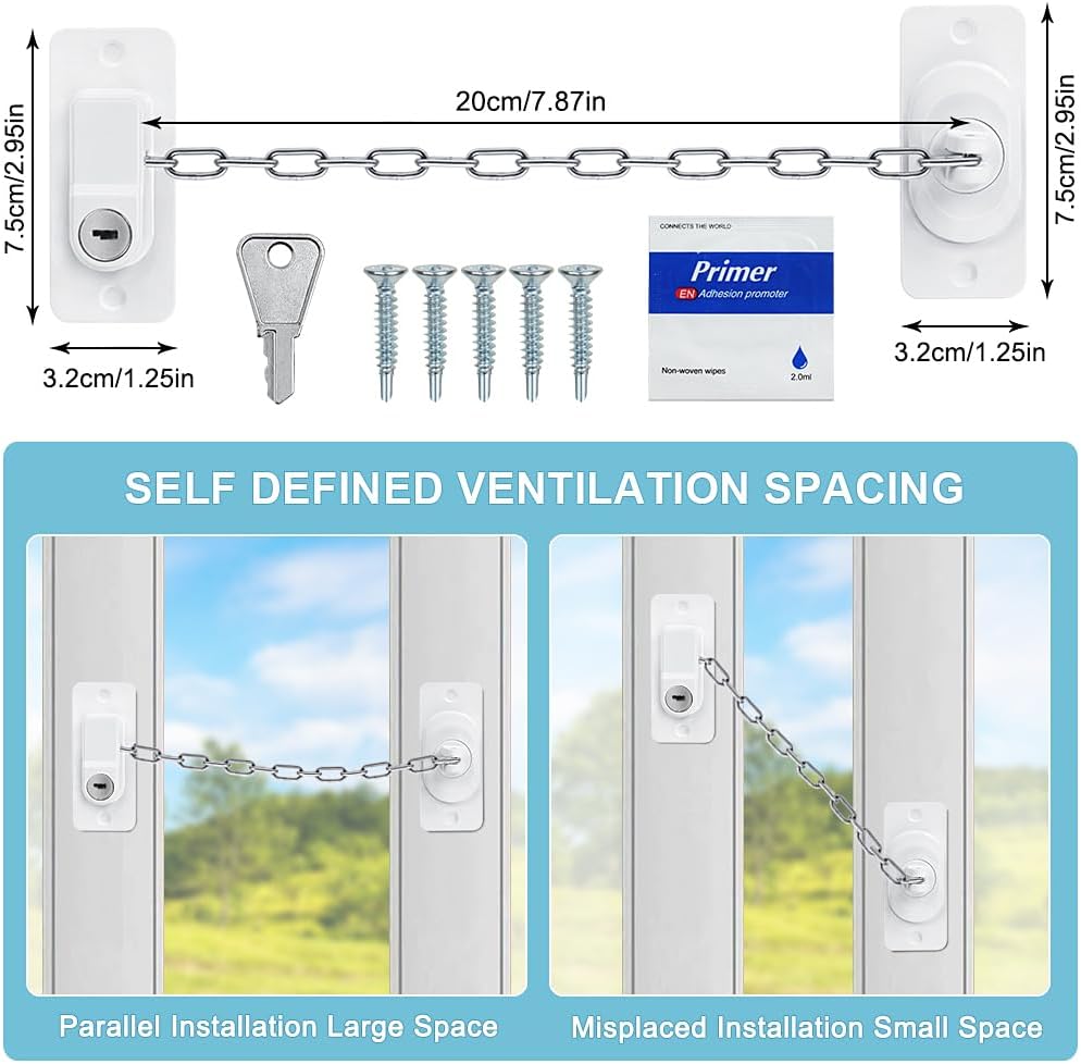 قفل أمان بسلسة معدن قابلة للتعديل  ومفتاح لغلق النوافذ والابواب