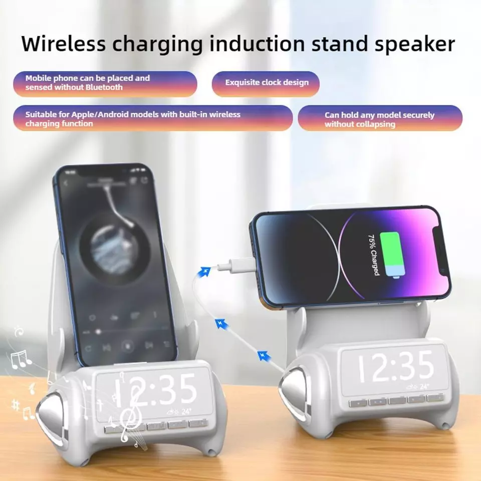 شاحن وايرليس 5 *1بساعة ومنبه وسبيكر بلوتوث مع راديو - قابل للشحن