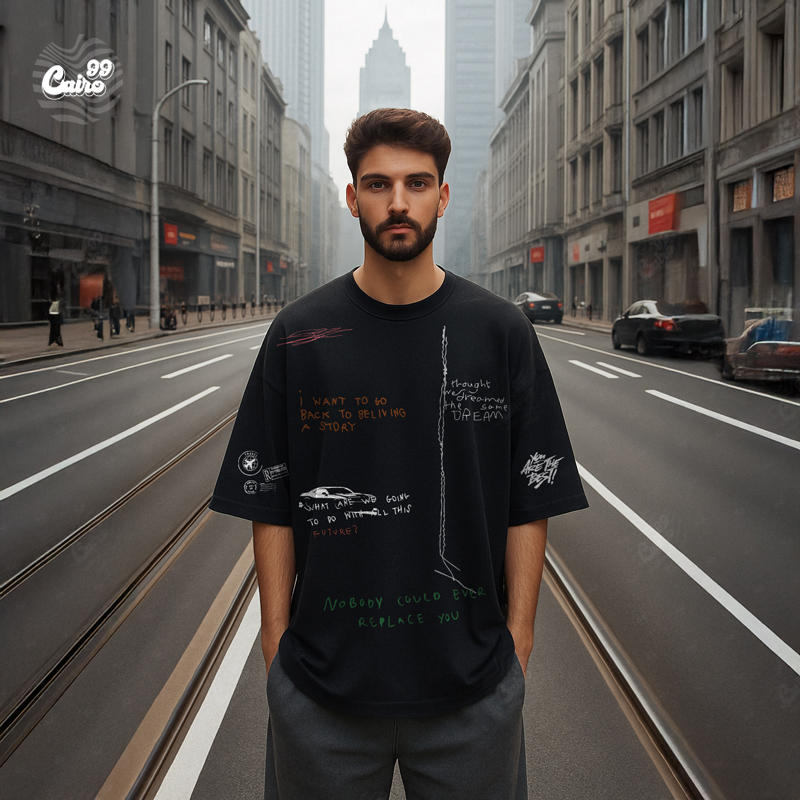 Random Designs تيشيرت اوفر سايز قطن باللون الاسود للرجال