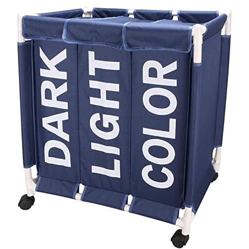 سلة غسيل ثلاثية لفرز الملابس قابلة للطي بعجلات لسهولة الحركة بألوان متعددة