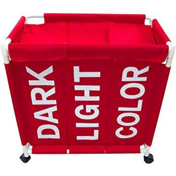 سلة غسيل ثلاثية لفرز الملابس قابلة للطي بعجلات لسهولة الحركة بألوان متعددة