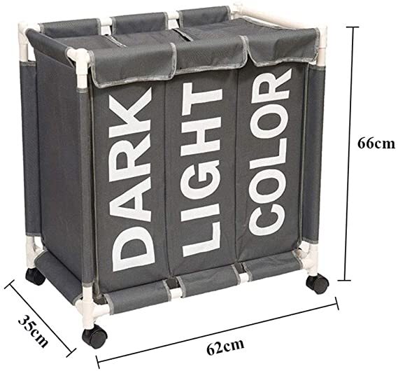سلة غسيل ثلاثية لفرز الملابس قابلة للطي بعجلات لسهولة الحركة بألوان متعددة
