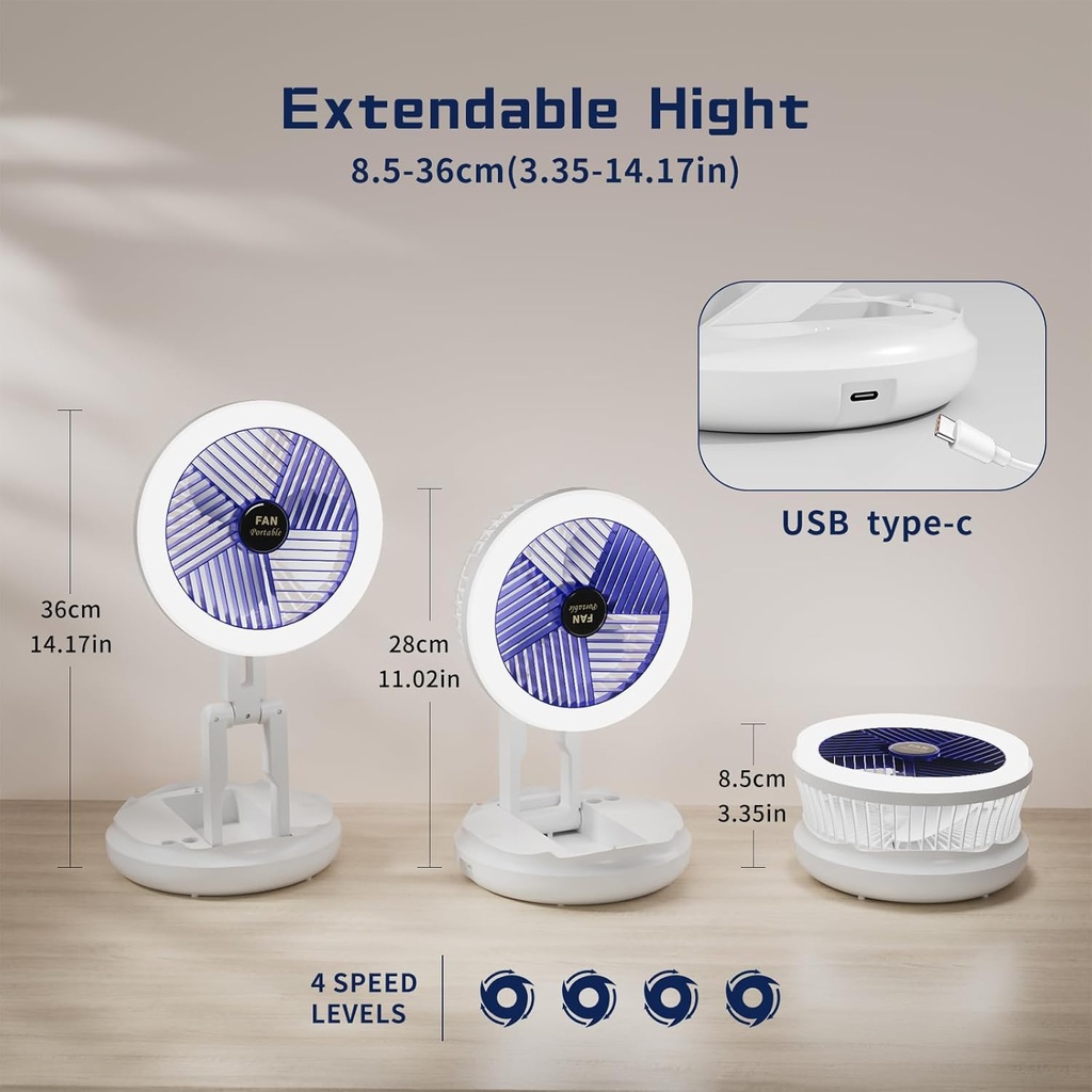 مروحة مكتب ليد قابلة للطي ب4 سرعات تهوية مختلفة بإضاءة ليد