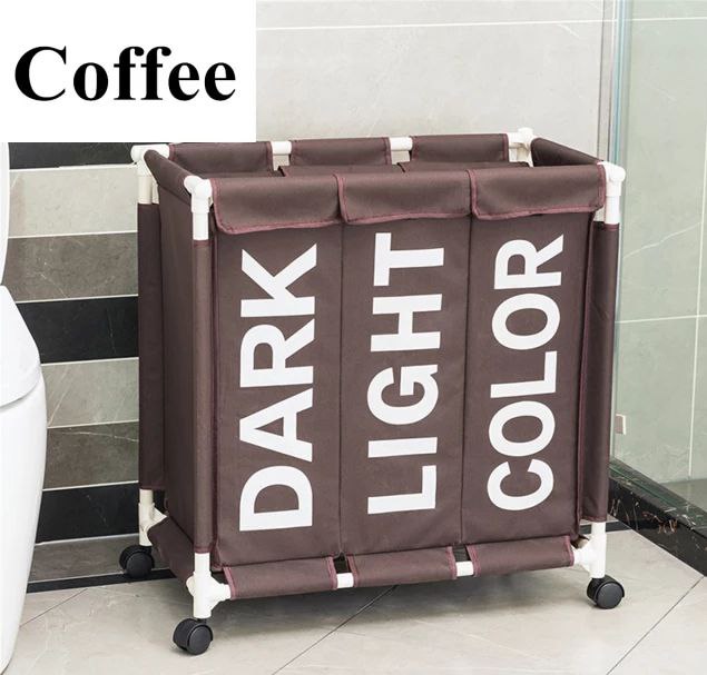 سلة غسيل ثلاثية لفرز الملابس قابلة للطي بعجلات لسهولة الحركة بألوان متعددة