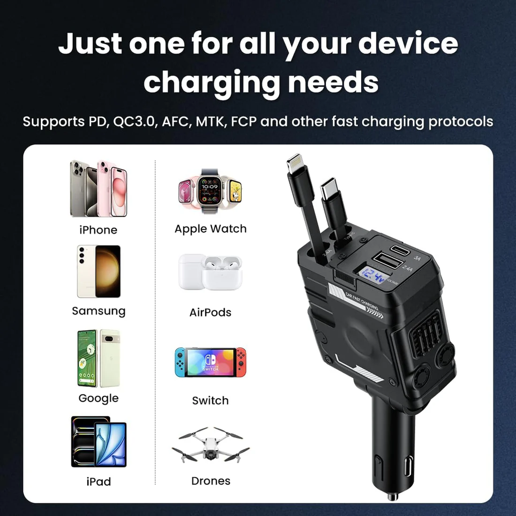 شاحن سيارة قابل للسحب 4 في 1 مع منفذ يو اس بي وتايب سي - 66 واط