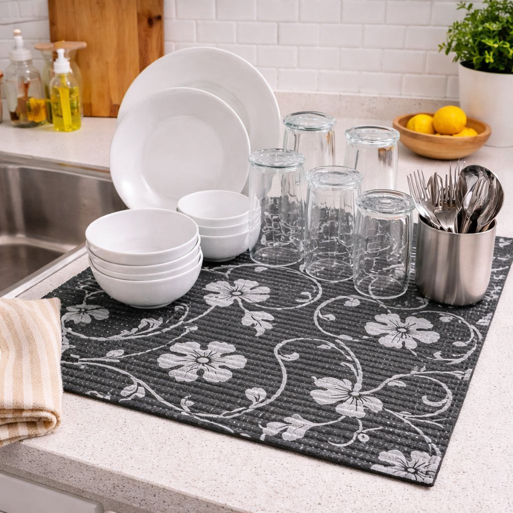 مفرش لتجفيف الاطباق والاواني والأكواب غير قابل للأنزلاق  قابل للطي لسهولة التخزين