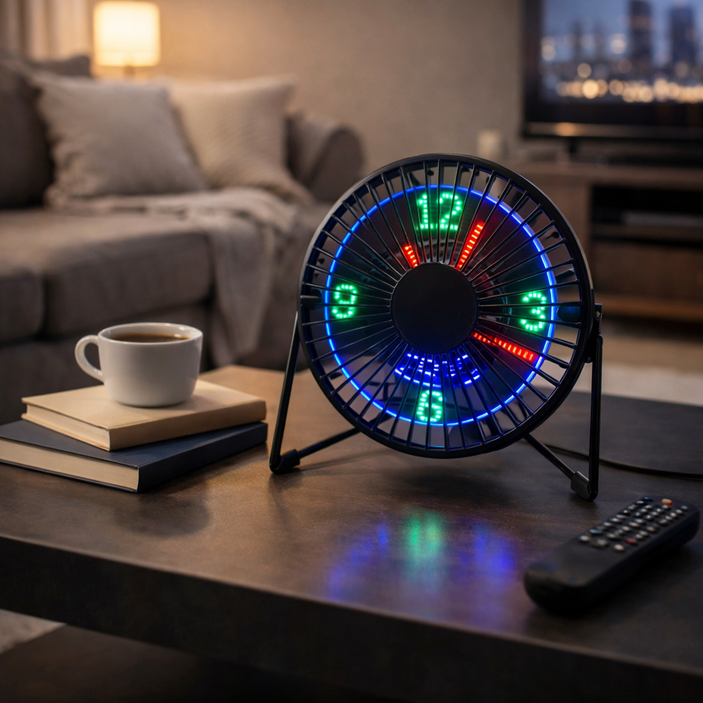 مروحة ليد مكتب بساعة رقمية تدور 360 درجة تعمل بالشحن