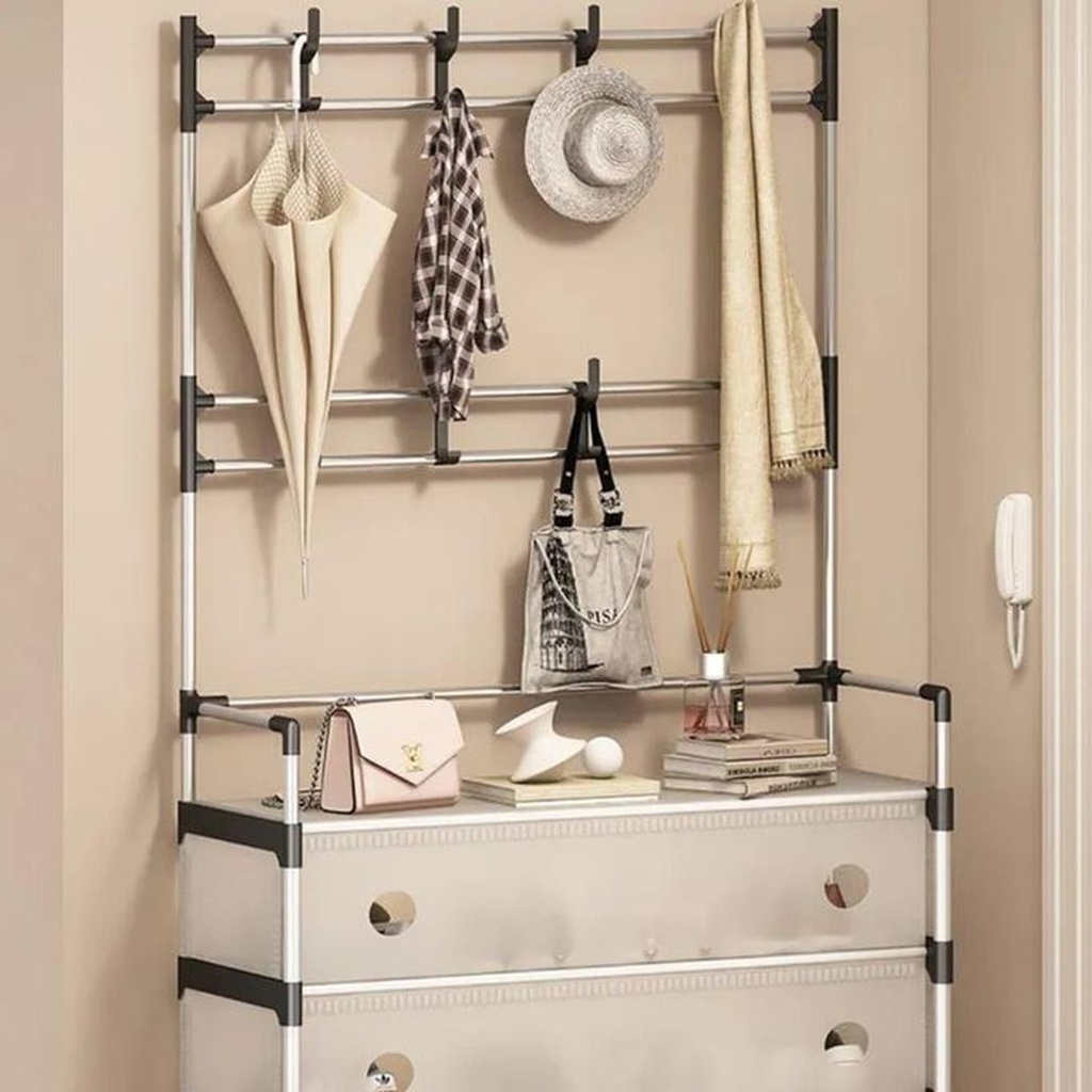 جزامة بـ 4 أرفف لتنظيم الاحذاية مع 8 هوكات لتعليق الشنط والكابات والشماسات