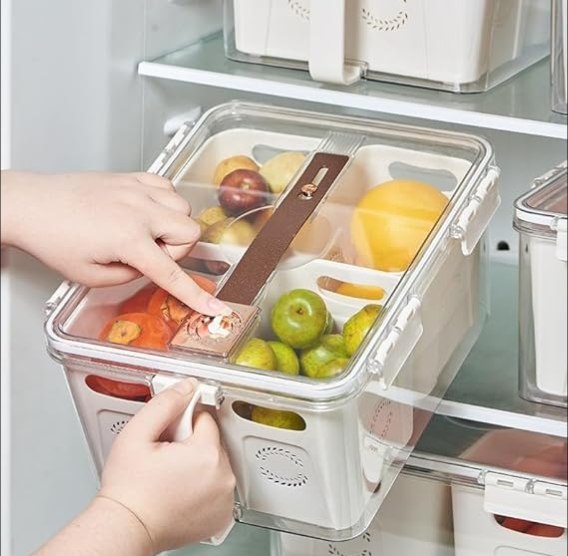 علبة ومنظم تلاجة اكريليك بمقبض وغطاء محكم بيد مقسمة ل 4 خانات بسعة 7 لتر