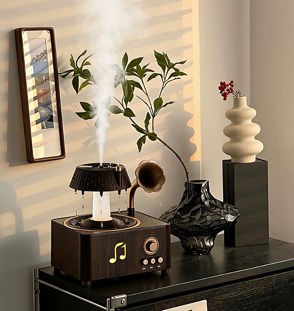 فواحة مضيئة على شكل جرامافون مع صوت ضوضاء بيضاء وسبيكر بلوتوث بخزان 250 ملي لتعطير المنزل بريموت للتحكم