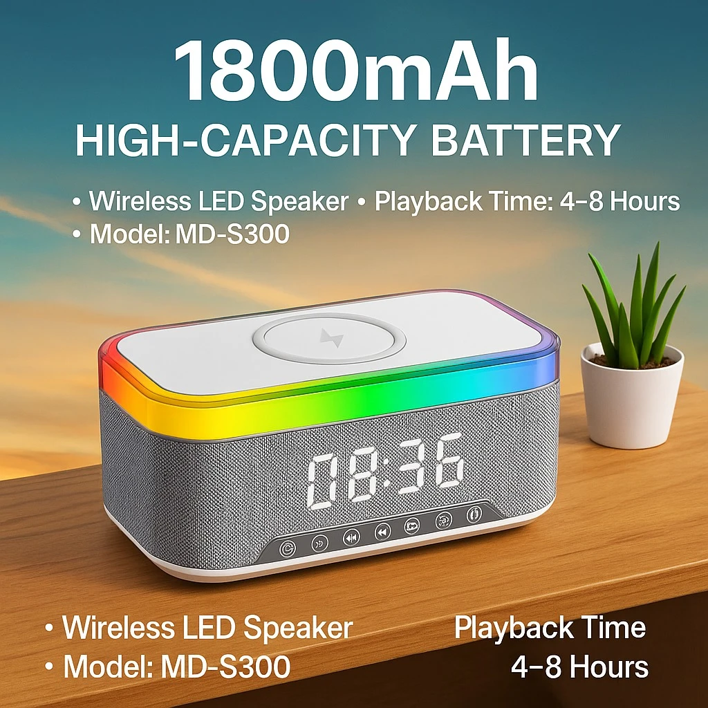 سبيكر بلوتوث  6 * 1 مع شاحن لاسلكي وساعة ومنبه وراديو بإضاءة ليد 7 ألوان مختلفة