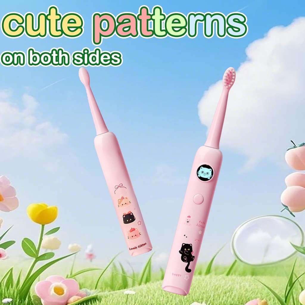 فرشة أسنان كهربائية للأطفال بتصميم كرتوني و 6 رؤوس قابلة للتبديل وخمسة أوضاع للتنظيف