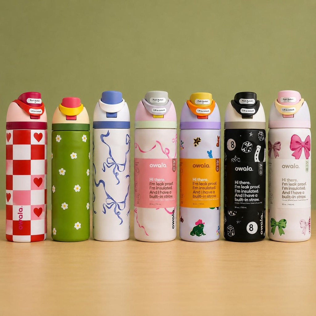 زجاجة مياه Owala ستانلس ستيل معزولة برسومات مختلفة سعة 745 مل بفتحة شرب مزدوجة