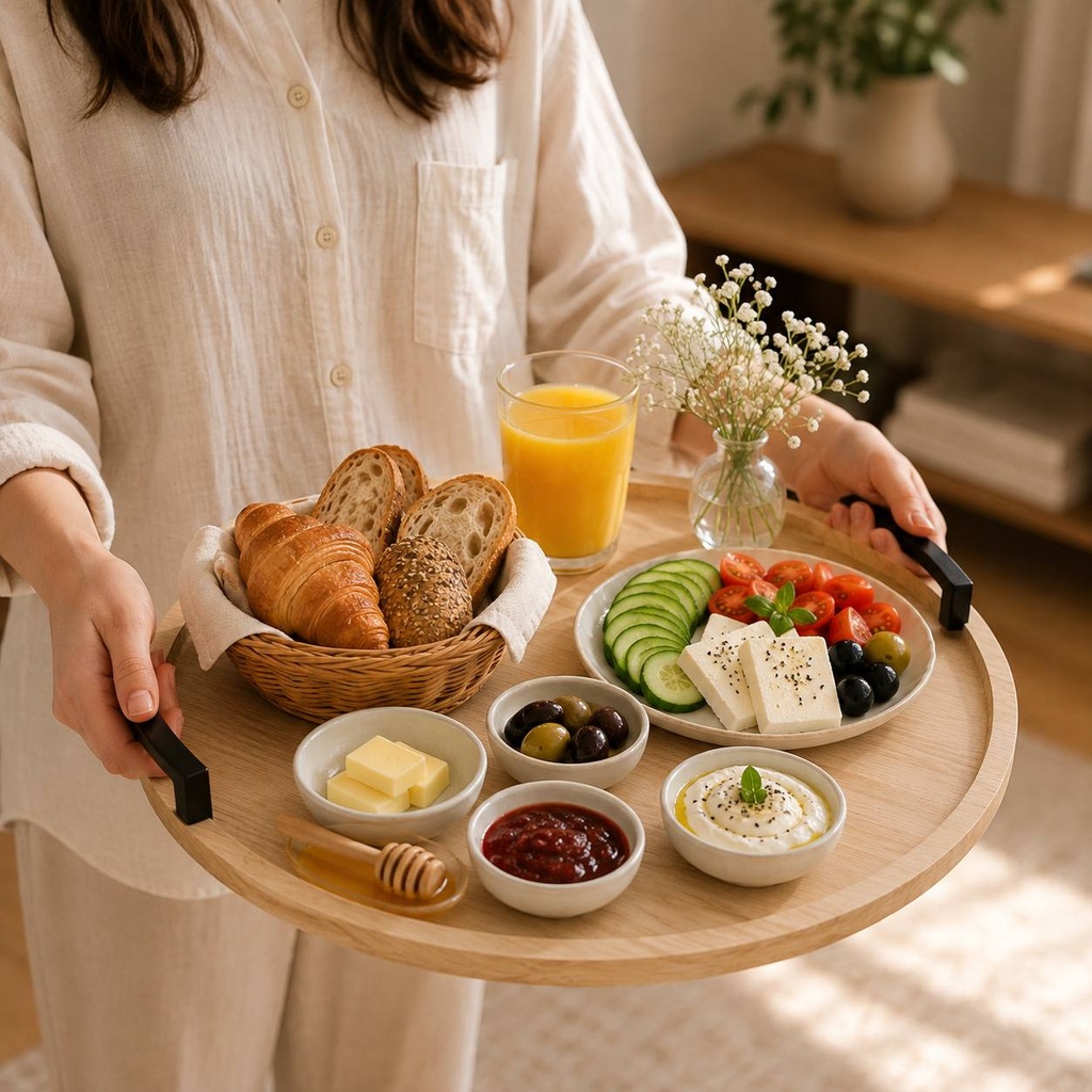 صينية تقديم خشب مدورة بيد معدن مقاس 50 سم