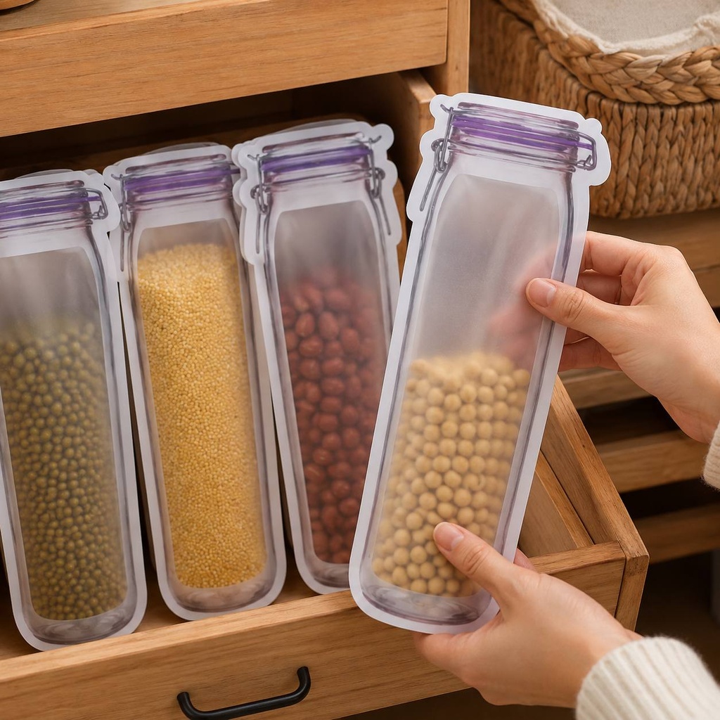 طقم أكياس تخزين بلاستيك شكل برطمان  500 مل 10 قطع