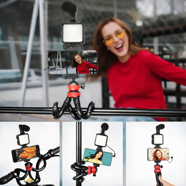 ترايبود بحامل ثلاثي مرن بتصميم اخطبوطي برأس كروية تدور 360 درجة مع مايك وإضاءة للتصوير
